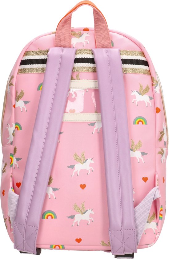 Roze rugzak met veelkleurige eenhoorns, regenboogjes en hartjes. Paarse schouderbanden.