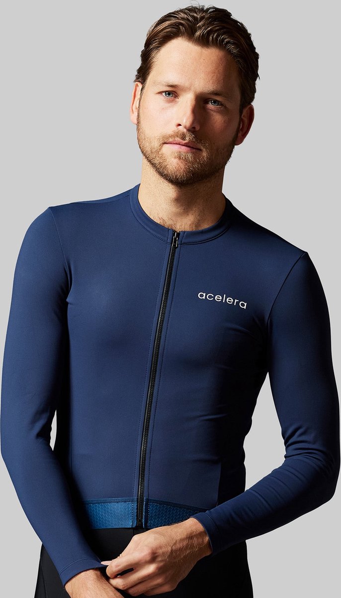 Acelera Fleece Fietsshirt Wielerjack Lange Mouwen Dark Blue - Thermo - Fietsjack - Wielrenjack - Fietsjas - Heren - Fietsshirt Lange Mouwen- Maat S