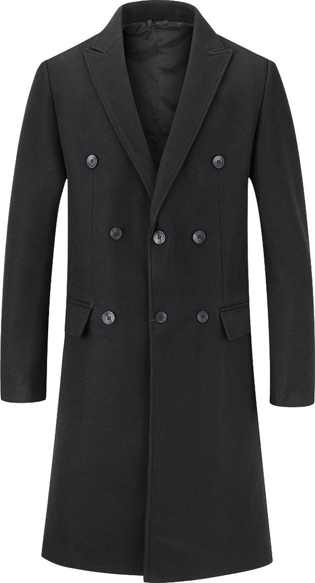 ALLTHEMEN Heren Knielange Mantel Double Breasted Jas - Wollen Lange Slim Fit Jassen - S