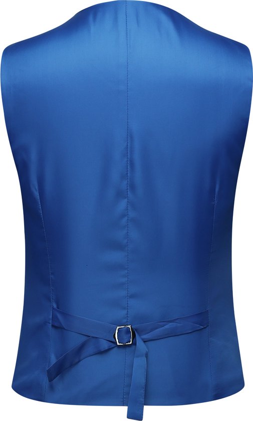 Achterkant van een kobaltblauwe satijnen gilet met verstelbare band.