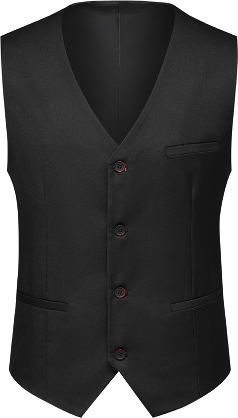 Zwart gilet met vijf knopen en zakdetails.