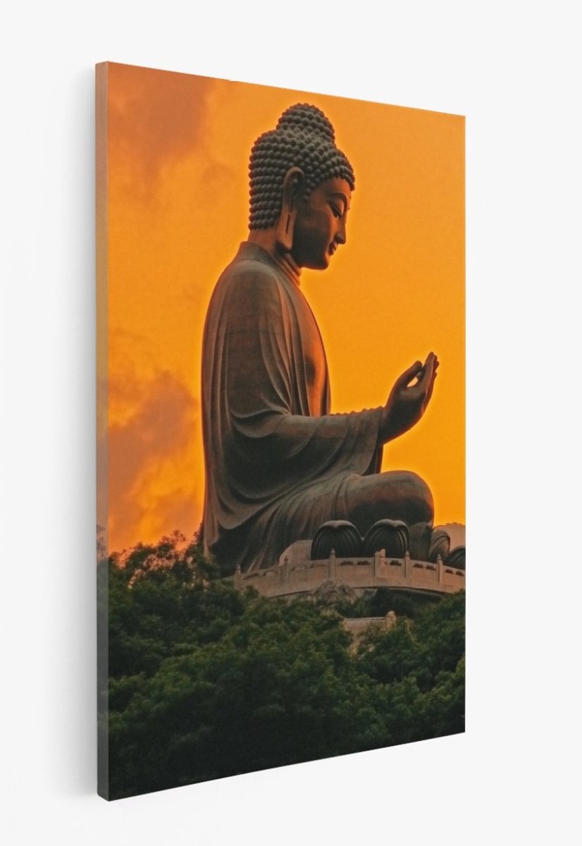 Saammp Canvas Schilderij - Boeddha op een berg met zonsondergang - 30x45 - Foto op canvas - Wanddecoratie - Muurdecoratie Woonkamer - Canvas schilderijen Multicolor