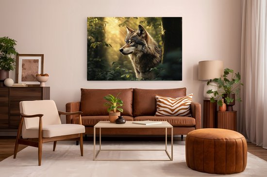 Saammp Canvas Schilderij - Wolf tussen de hoge bomen - Natuur - Landschap - 90x60 - Foto op canvas - Wanddecoratie - Muurdecoratie Woonkamer - Slaapkamer decoratie - Canvas Print