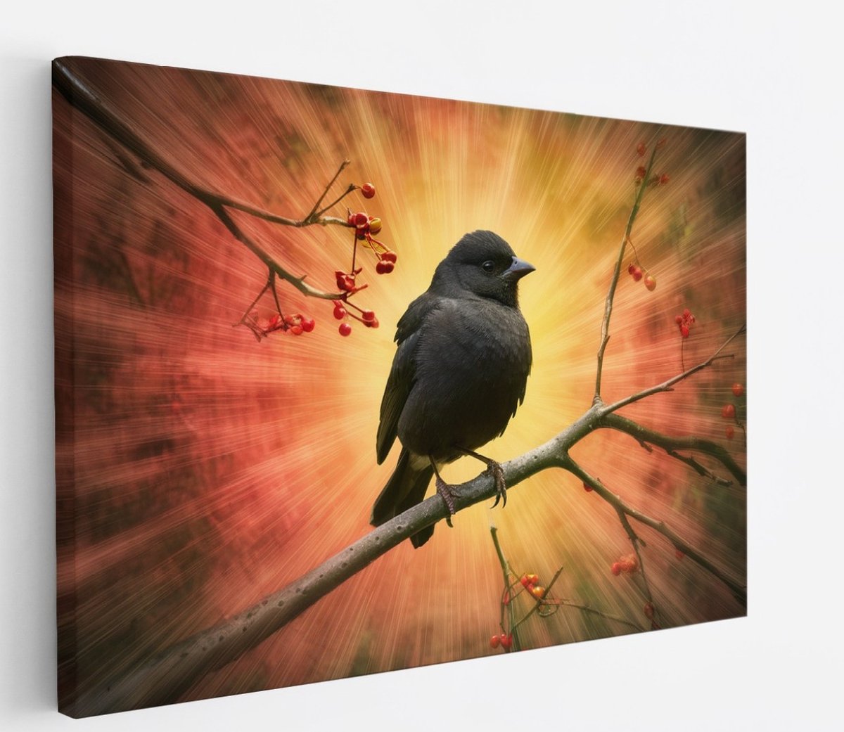 Saammp Canvas Schilderij - Zwarte Vogel op tak - Dieren - Bloemen - 30x20 - Foto op canvas - Wanddecoratie - muurdecoratie Woonkamer - Slaapkamer decoratie - Canvas Print Multicolor
