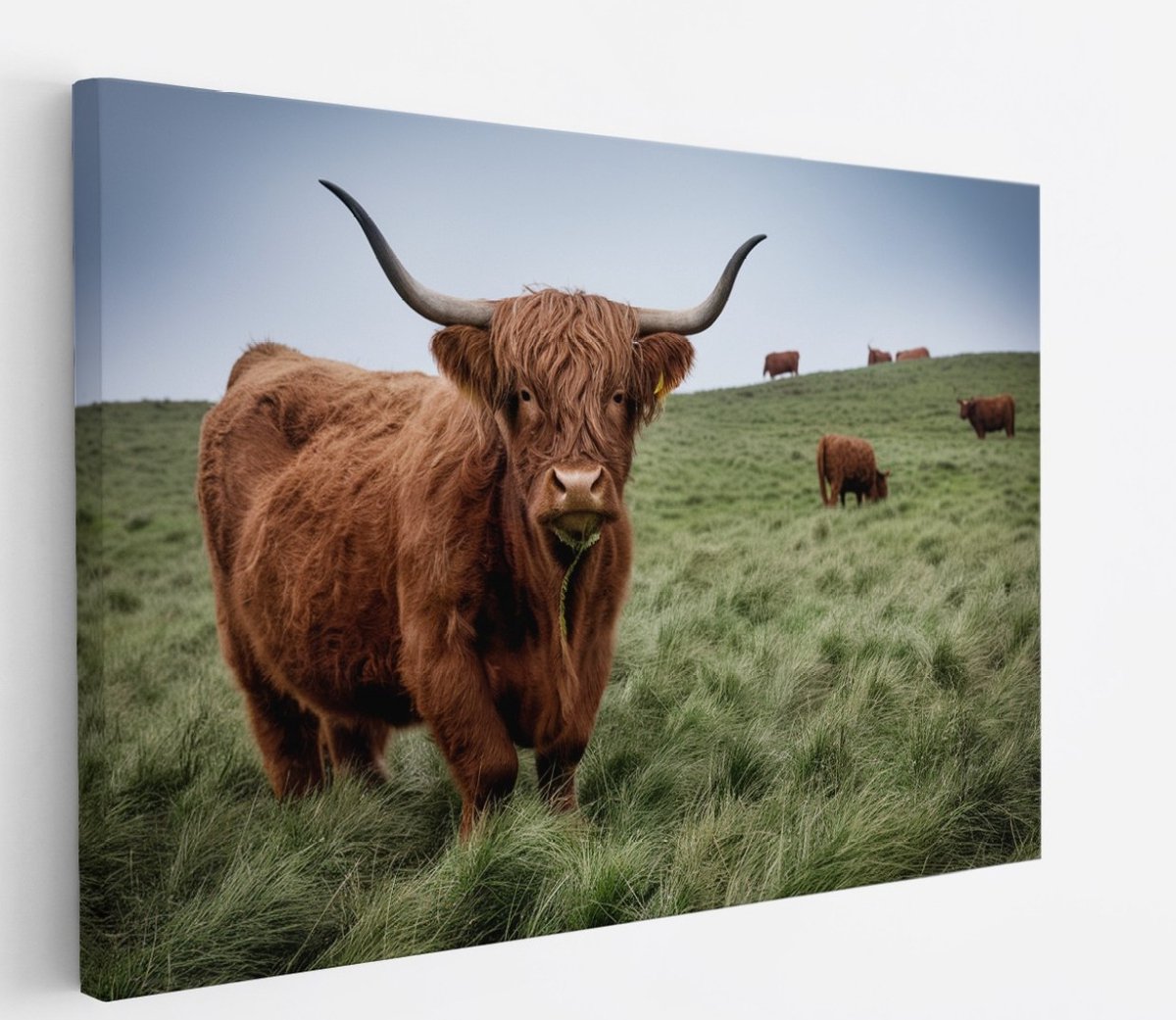 Saammp Canvas Schilderij - Schotse Hooglander Koe Familie in het gras - Dieren - Natuur - 70x50 - Foto op canvas - Wanddecoratie - muurdecoratie Woonkamer - Slaapkamer decoratie - Canvas Print Multicolor