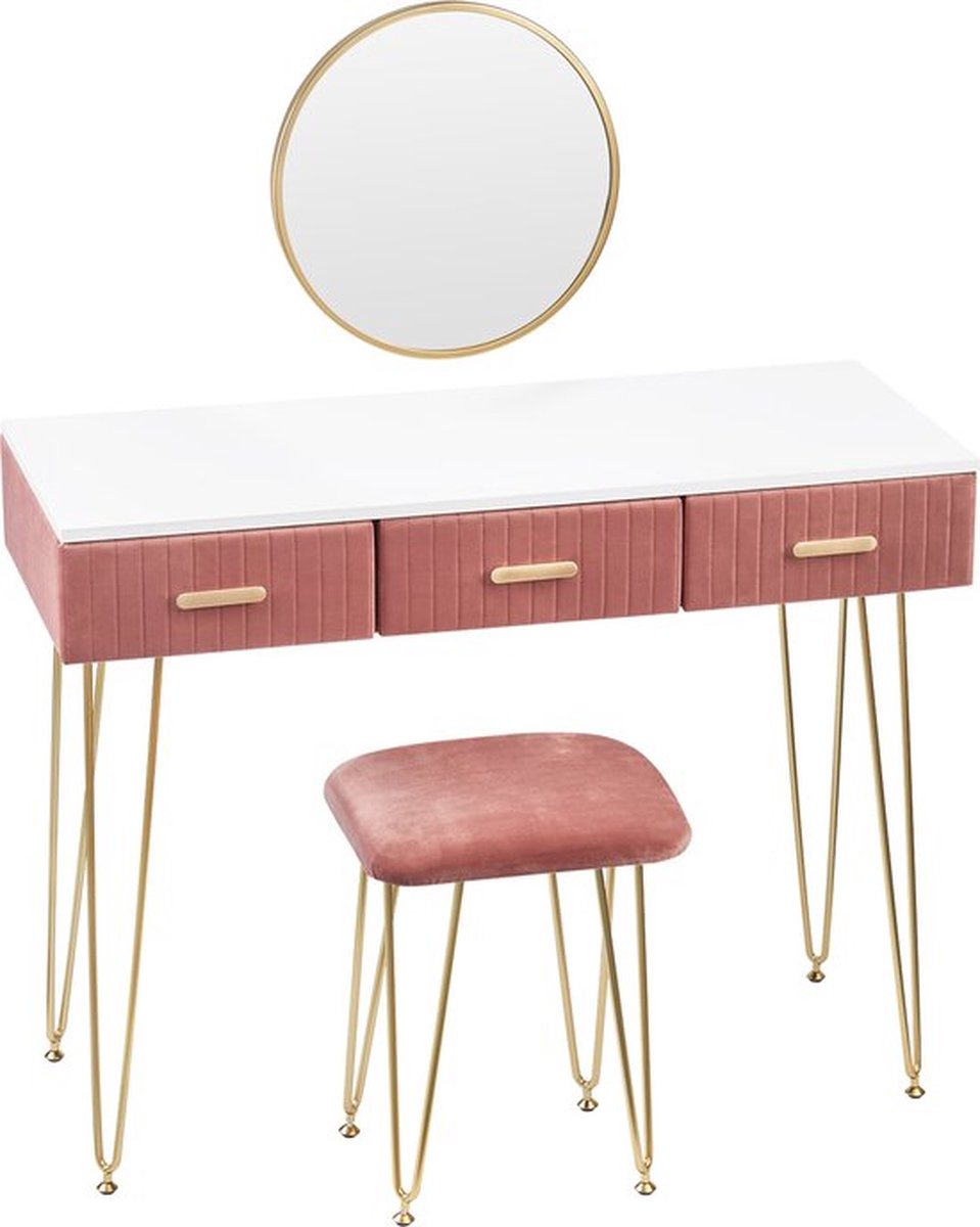 Bolt Edge Kaptafel Deluxe - Roze - Inclusief Spiegel en Krukje - Make-up Tafel voor Meisjes
