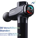 Zwarte massage gun met digitaal display dat '30' aangeeft en 'Strength' toont. Tekst: '30 Verschillendestanden'.