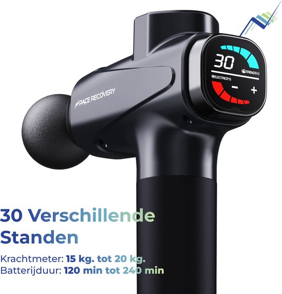 Zwarte massage gun met digitaal display dat '30' aangeeft en 'Strength' toont. Tekst: '30 Verschillendestanden'.