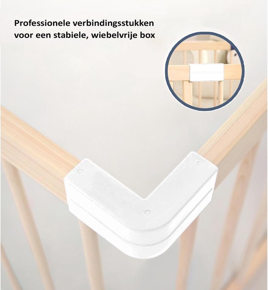 Verbindingstukken van witte kunststof voor een stabiel, wiebelvrij babyhek van hout.