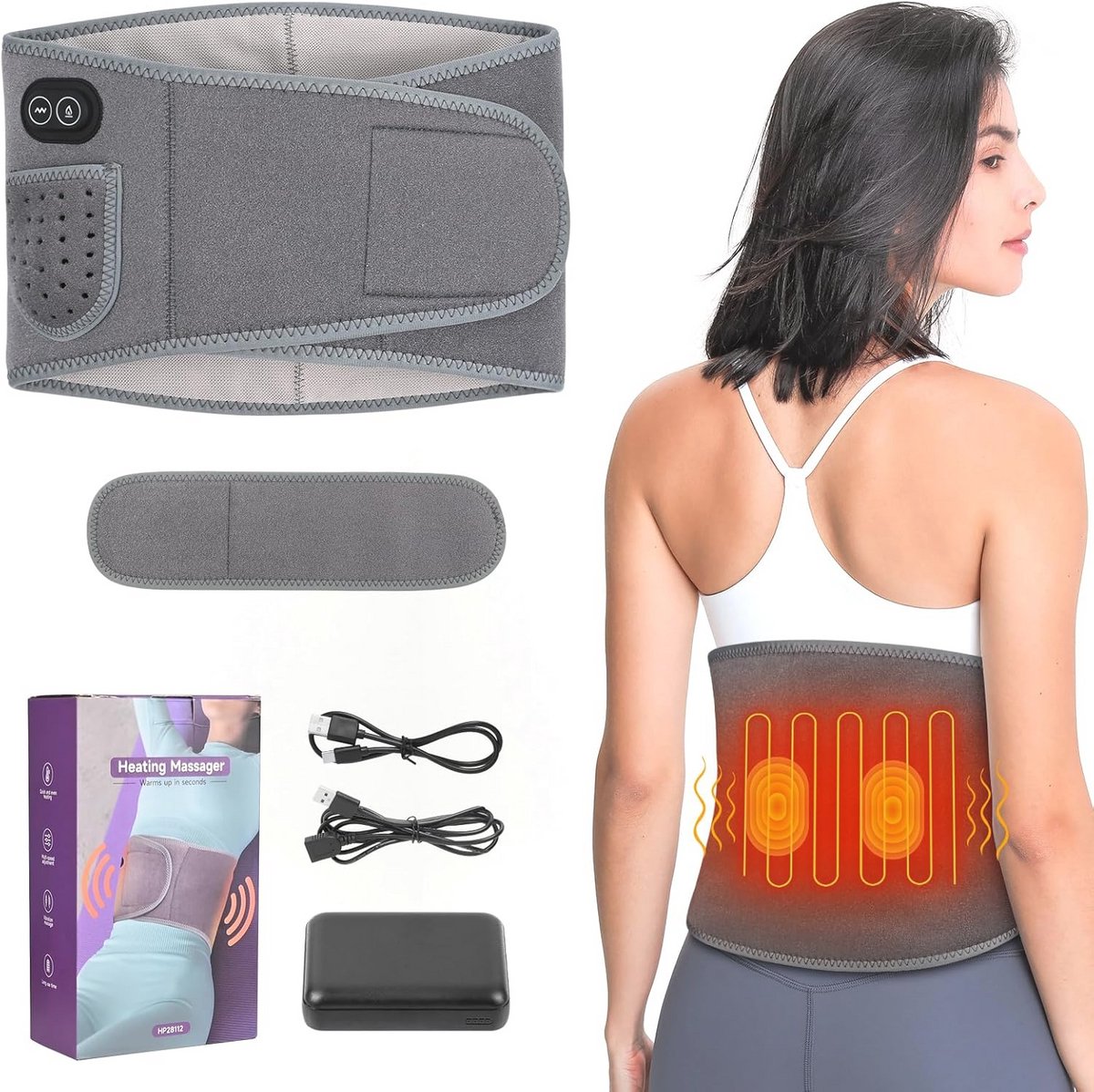 Warme verwarmingsgordel met trillingsmassage voor rug en schouders – 3 warmtestanden en 3 massagemodi – Draadloos en oplaadbaar met 8000 mAh accu