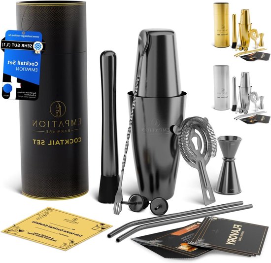 Jettory Boston Shaker Set – 10-delige roestvrijstalen cocktailshaker set met acrylstandaard, barzeef, ijstang, barlepel, maatbeker, stamper – Perfect voor thuisbars (zilver