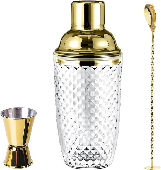 Shaker à Cocktail En Verre 400 Ml Doré - Couvercle Doseur Inox, étanche - Pour Bar Maison, Jus, Mocktails - 9