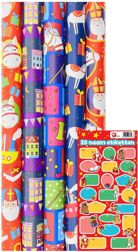 Sinterklaas cadeaupapier - Plastic vrij inpakpapier pakpapier - 5 meter x 70 cm - 5 rollen en 20 naam labels