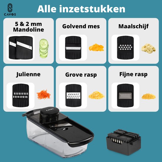 Cavos mandoline: overzicht van 6 verwisselbare messen en de gesneden groenten.