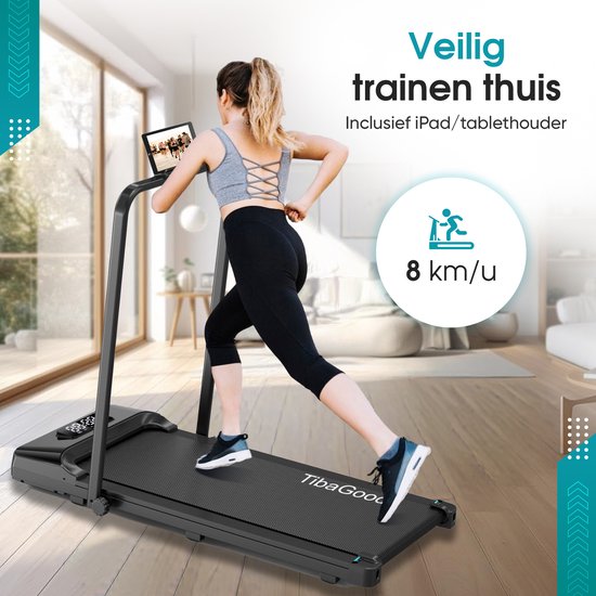 Vrouw traint op een zwarte TibaGoods loopband met tablet-houder. Tekst "Veilig trainen thuis" en "8 km/u".