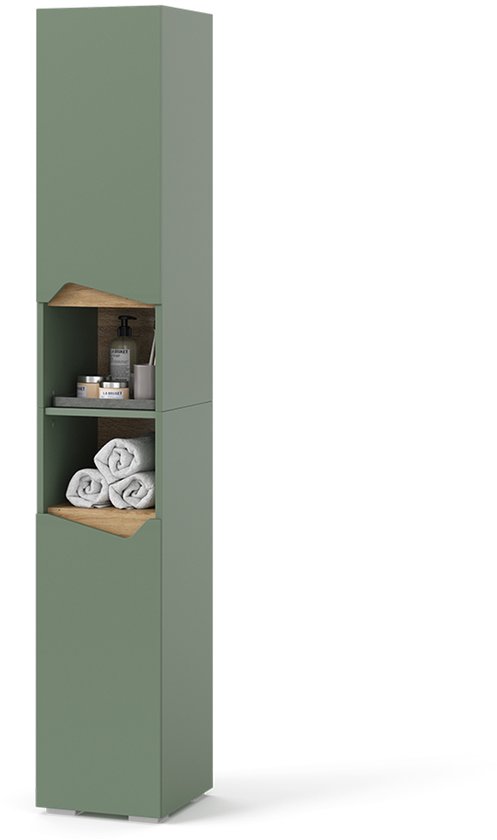 Groene badkamerkast met houten accenten en open vakken waarin handdoeken en toiletartikelen liggen.
