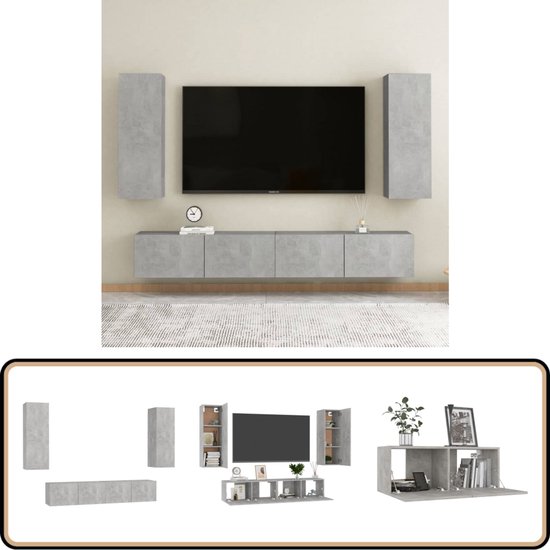 vidaXL Ensemble de meubles TV - 4 pièces - Bois d'ingénierie - Écran de télévision Grijs - Meubilair TV - Table basse - Décoration de salon - Meuble TV en bois - Meuble TV Grijs - Meuble TV moderne - Meuble TV compact - Meuble TV