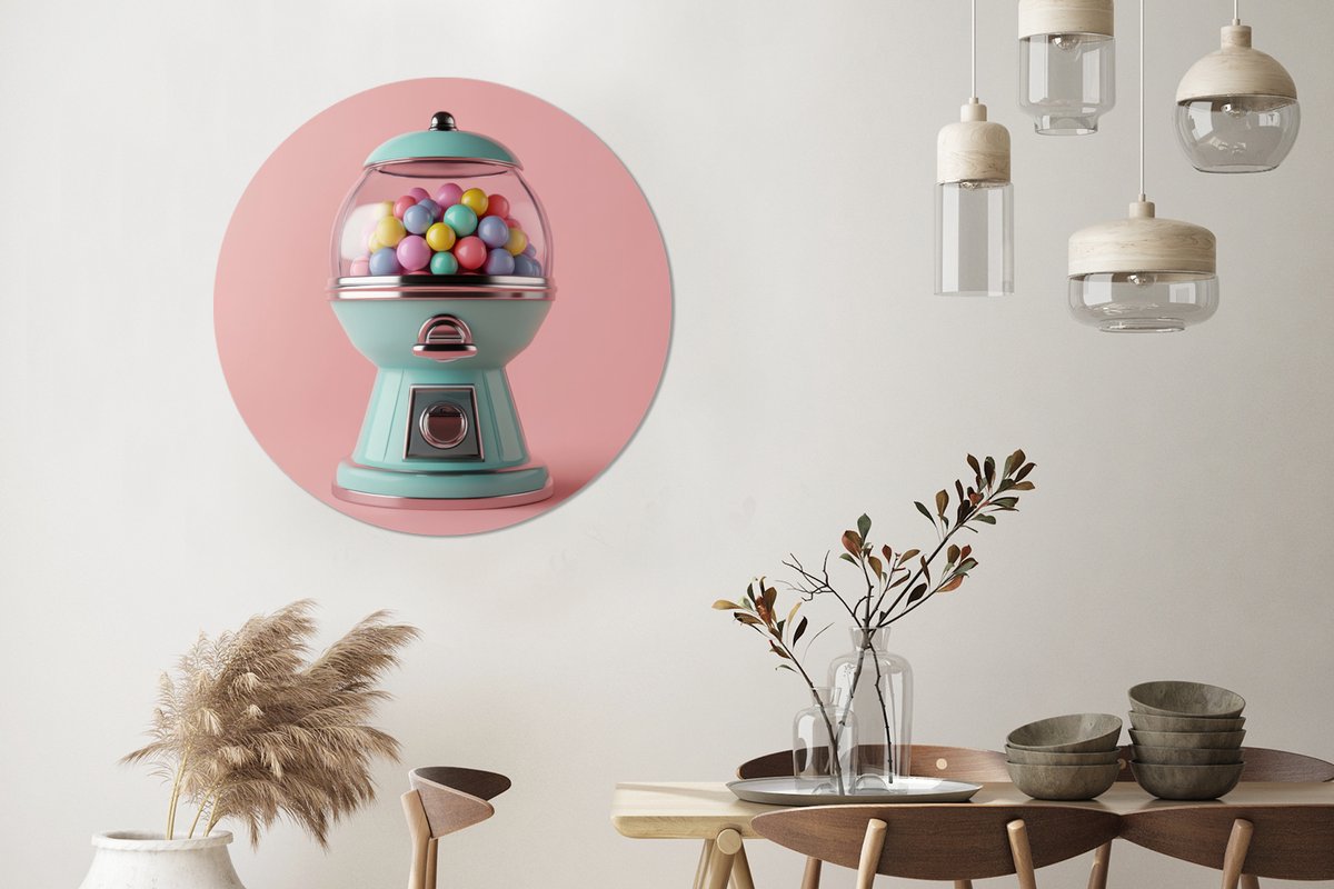 WallCircle Wandcirkel - Muurcirkel - Kauwgom - Retro - Snoep - Roze - Aluminium - Dibond - 90x90 cm - Binnen en Buiten