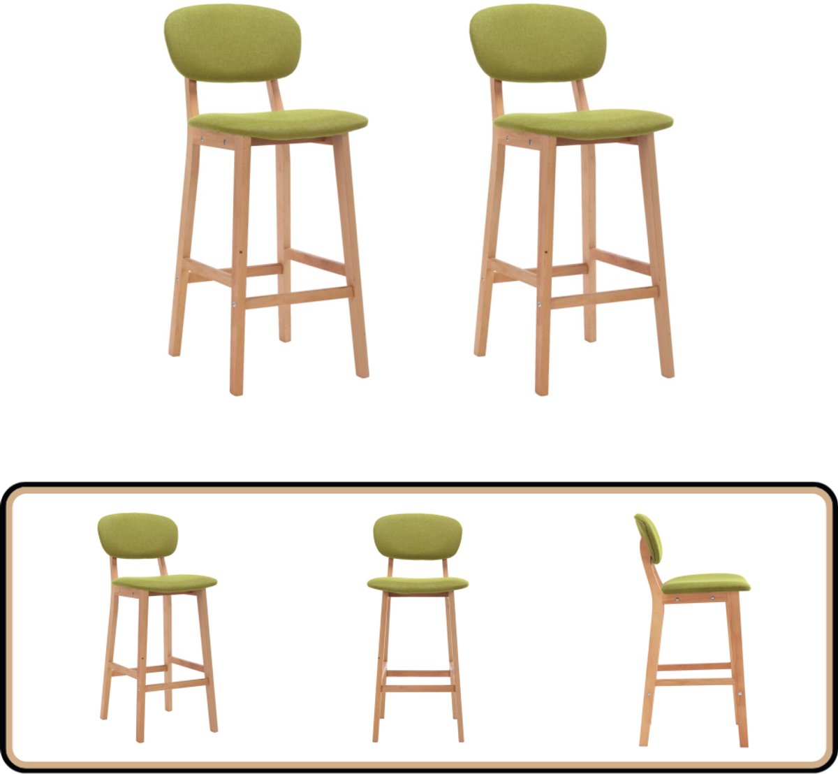 VidaXL Barkrukken Set van 2 Groen Stof en Hout Barstooi Barkrukken Eetkamerstoelen Keukenstoelen Groene Stoffen Meubels