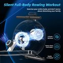 Illustratie van een roeimachine die een stille full-body workout mogelijk maakt, met de nadruk op de stille werking en zware voetsteunen.