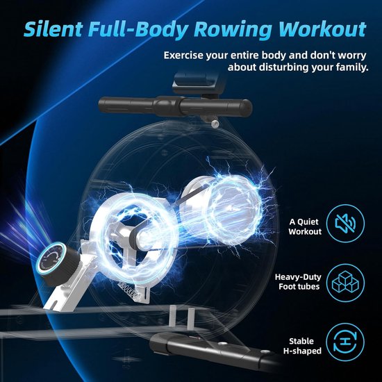 Illustratie van een roeimachine die een stille full-body workout mogelijk maakt, met de nadruk op de stille werking en zware voetsteunen.