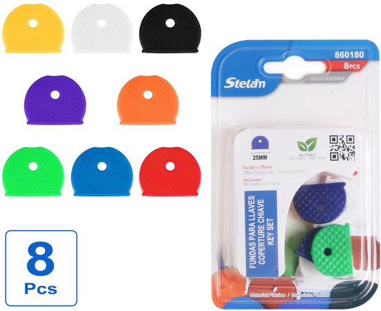 Verpakking met 8 halfronde, gekleurde (geel, wit, zwart, paars, oranje, groen, blauw, rood) siliconen sleutelkapjes van Stelam.