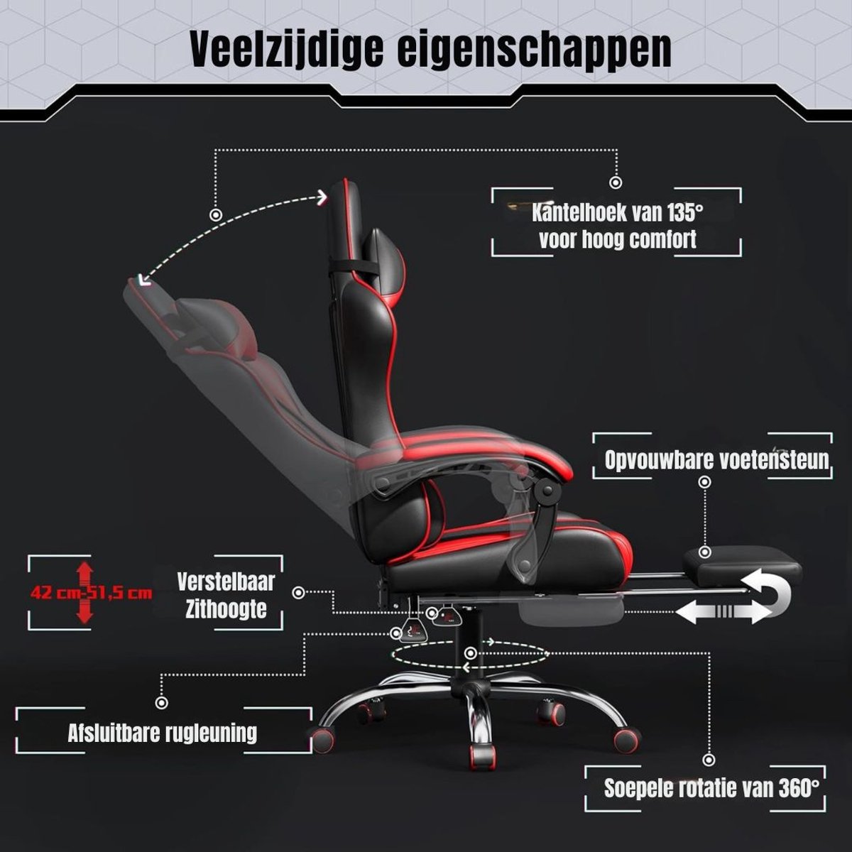 Zylo® Gaming Stoel met Massagefunctie en Voetsteun - Rood - afbeelding 3