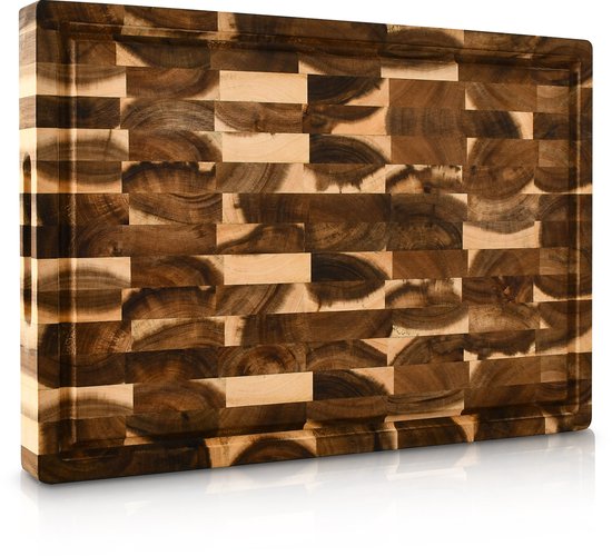 Planche à découper professionnelle KAAMUT® - Bois d'acacia Massief - 40|27,5|3,5 cm - Extra épais et durable - Qualité supérieure - Rainure et poignées pour jus - Pieds antidérapants inclus - Coffret cadeau de Luxe