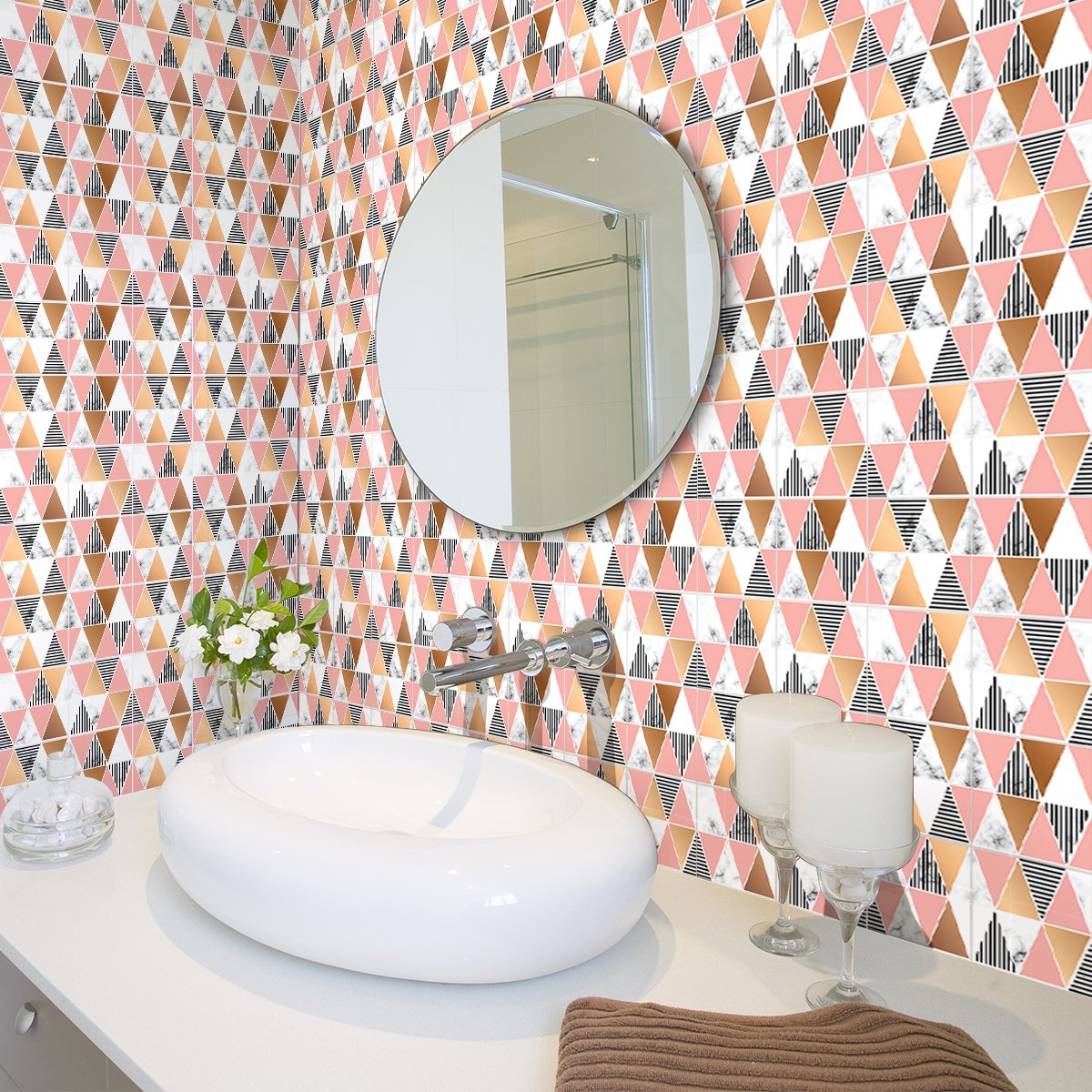 Ambiance Sticker Zelfklevende tegelmuurstickers voor keuken en badkamer - 60 stijlvolle geometrische tegelstickers met marmerlook - 60 stickers van 15x15 cm Multi color