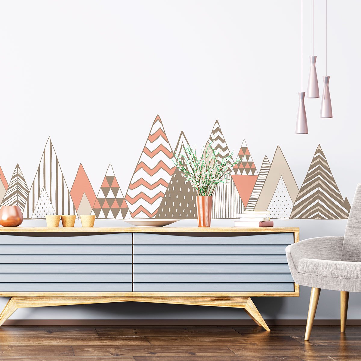 Ambiance Sticker Muurstickers - Decoratie voor slaapkamer/woonkamer - Gigantische Scandinavische bergen muursticker RONCADOR - 110x165cm Multi color