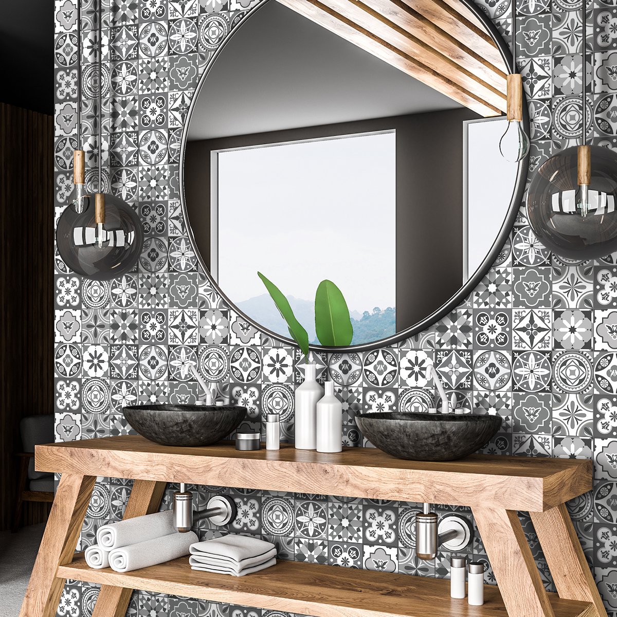 Ambiance Sticker Zelfklevende tegelmuurstickers voor keuken en badkamer - 60 cementtegelstickers (Azulejos Beny) - 60 stickers, 15x15cm Multi color