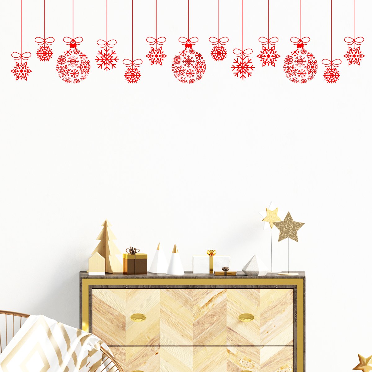 Kerststicker, rode kerstballenslinger - zelfklevende kerststickers - feestdecoratie - 100x100cm