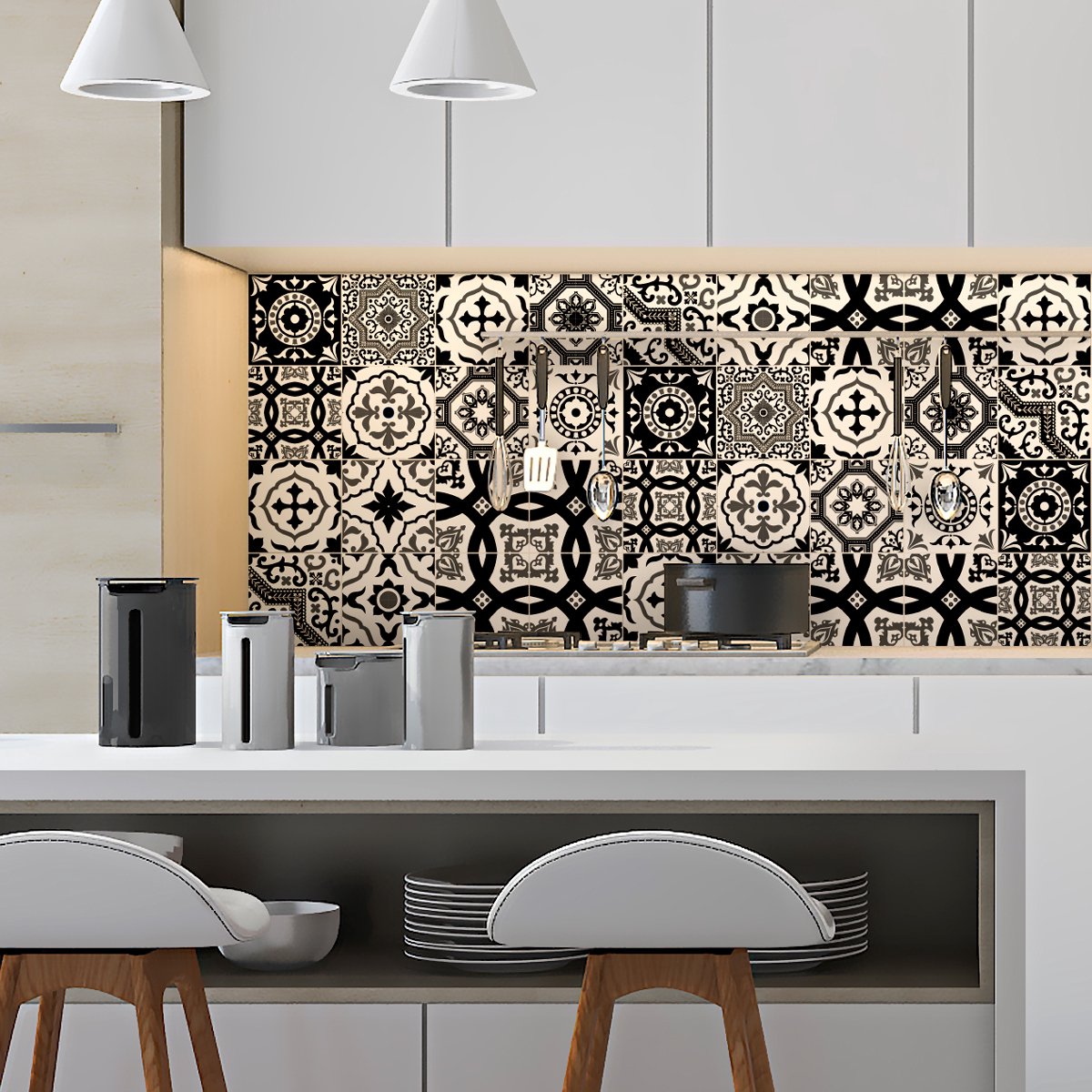 Ambiance Sticker Zelfklevende tegelmuurstickers voor keuken en badkamer - 16 moderne Azulejo tegelstickers in zwart-witte tinten - 16 stickers van 10x10 cm Multi color