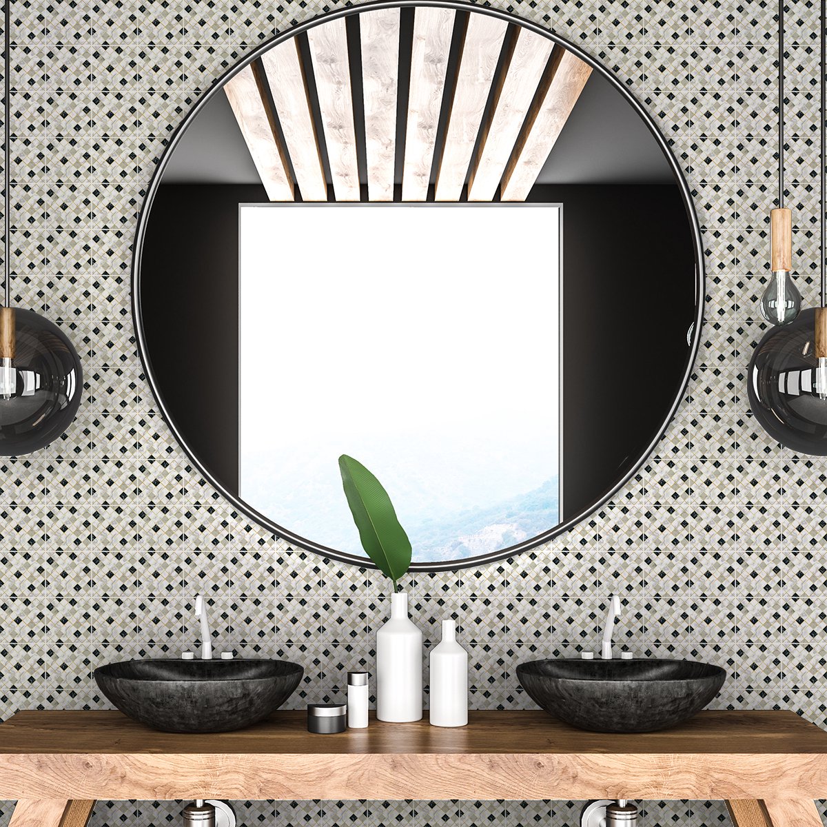 Ambiance Sticker Zelfklevende tegelmuurstickers voor keuken en badkamer - 30 cementtegelstickers met wit, beige en zwart marmereffect - 30 stickers, 20x20cm Multi color