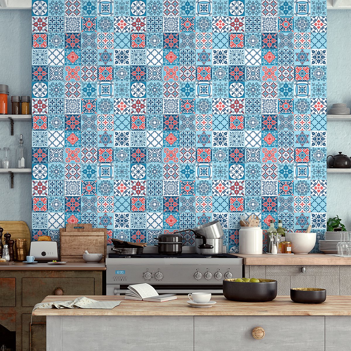 Ambiance Sticker Zelfklevende tegelmuurstickers voor keuken en badkamer - 30 Carlita Azulejos cementtegelstickers - 30 stickers 20x20cm Multi color