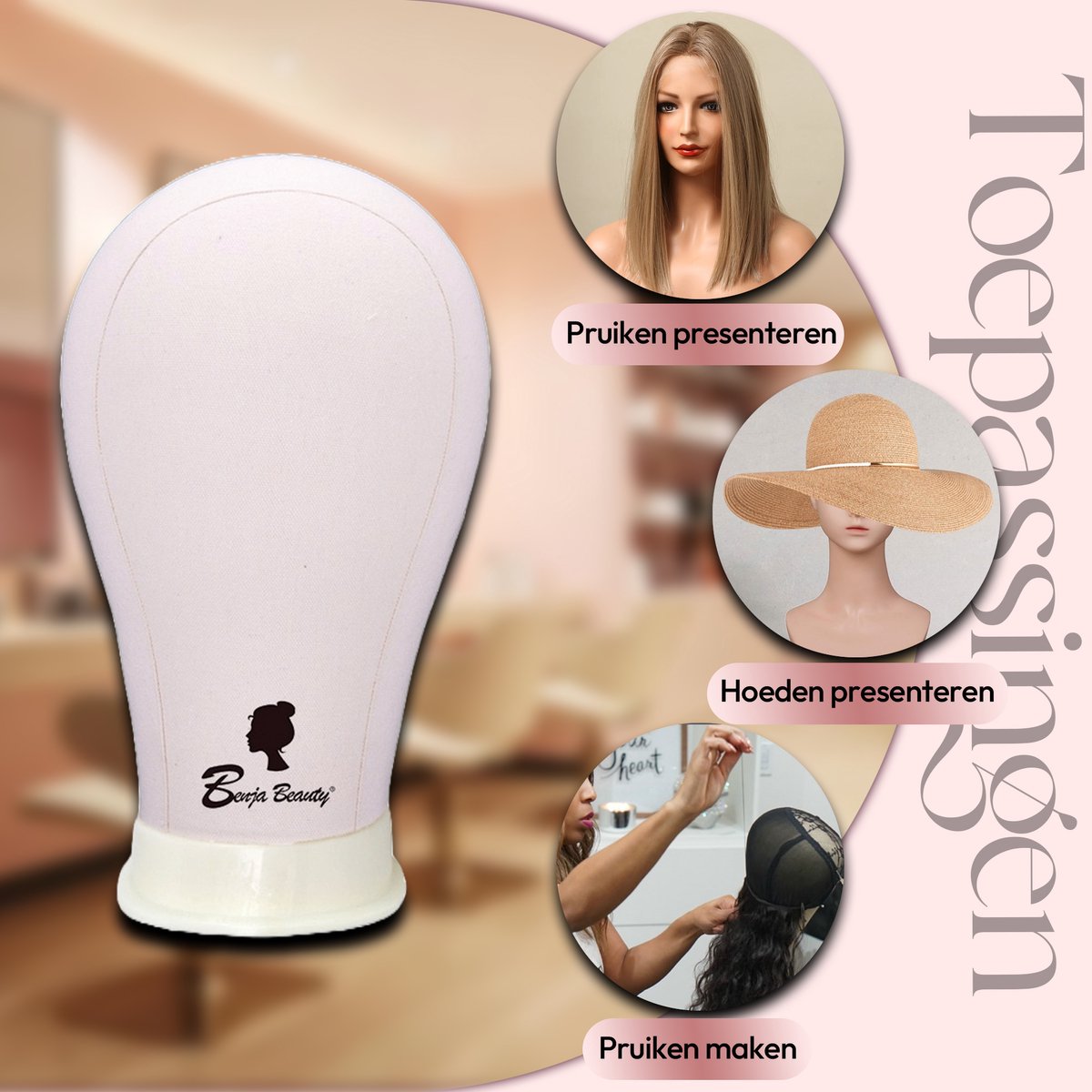 BenjaBeauty Oefenhoofd - Mannequin hoofd - Kappershoofd - Pruikenstandaard - Pruiken dames - Pruik - Satijn - 24 inch — afbeelding 6