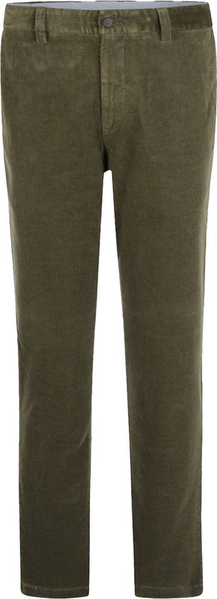 Olijfgroene corduroy chino broek met rechte pijpen en zichtbare fijne ribbels in de stof.
