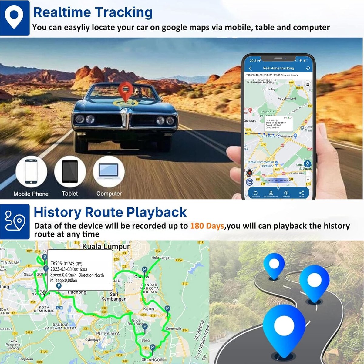 TK918 Auto-GPS-tracker met app, 20.000 mAh, sterk en waterdicht, autotracker, diefstalbeveiliging voor auto's, fietsen, scooters, boten