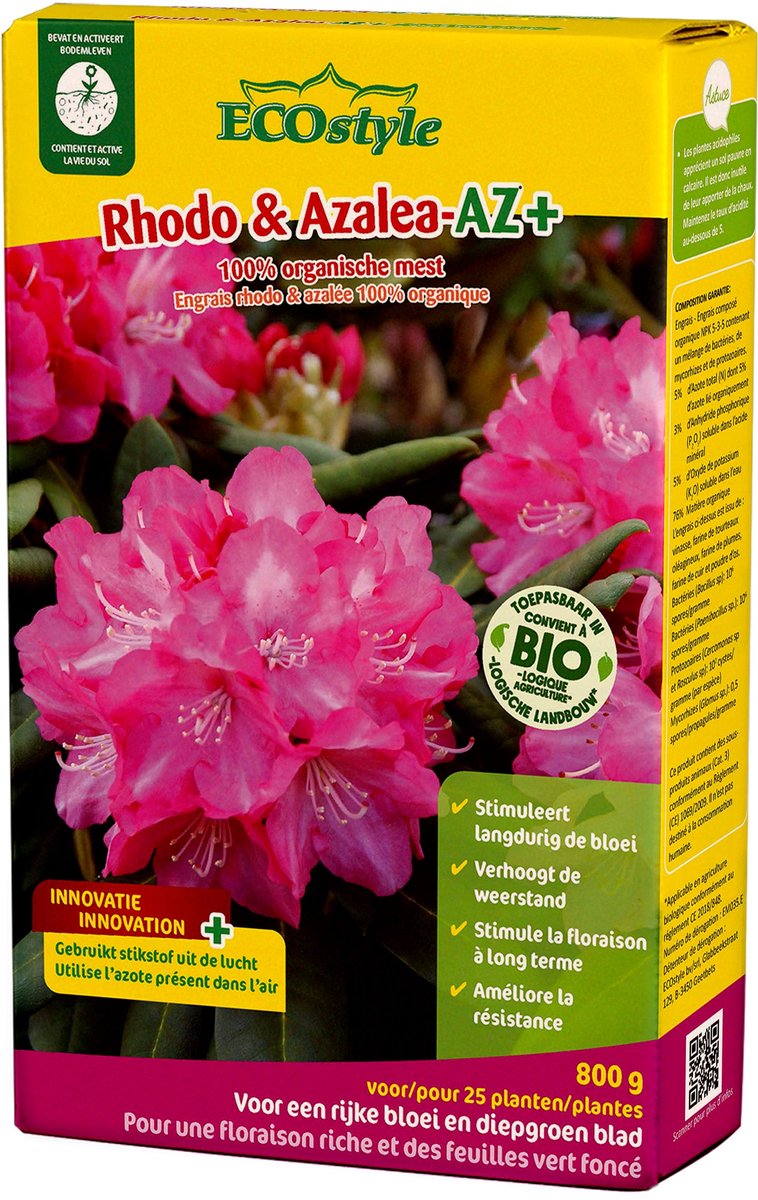 ECOstyle Rhodo & Azalea-AZ Organisch Tuinmest - Extra BacteriÃ«n voor Krachtige Groei - Gezond Bodem Leven - voor 50 planten - 1,6 KG