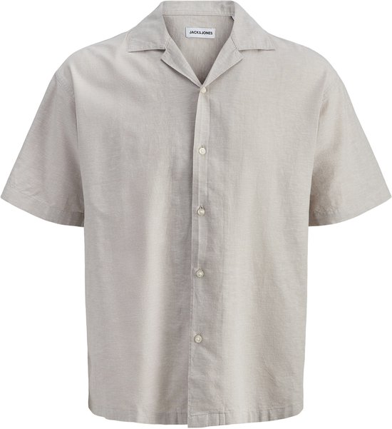Beige linnenmix resort overhemd met korte mouwen en open kraag. JACK & JONES logo op de kraag.