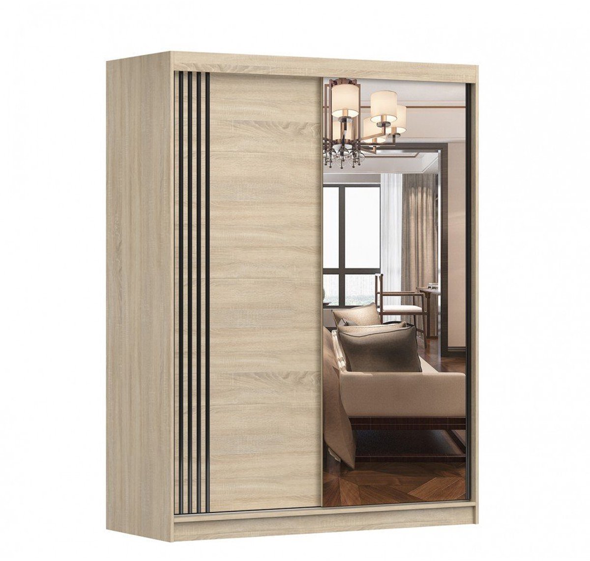 Schuifdeurkast LARA 07 – 2-deurs kledingkast met spiegel, legplanken en kledingroede – modern design – 150x200x61 cm - LARA 07 (Sonoma)