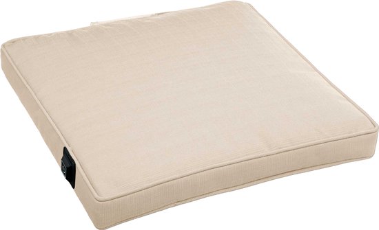 Warmpi® Verwarmd Outdoor Zitkussen – Incl. 10.000mAh Powerbank – Waterafstotend & UV-bestendig – 3 standen – 5cm Comfort Foam – 40x40x5 cm – Beige – Draadloos Warmtekussen / Tuinkussen voor Binnen & Buiten