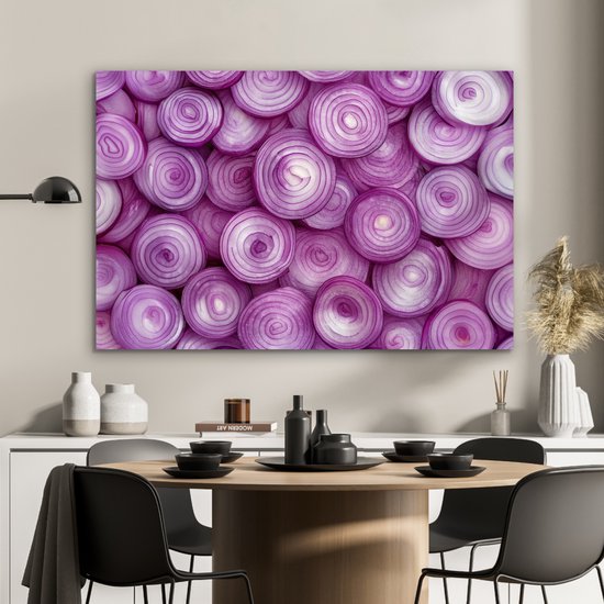 Aluminium schilderij 90x60 cm - Wanddecoratie metaal - Paars - Uien - Close up - Metalen muurdecoratie woonkamer - Decoratie industrieel - Foto op dibond - Industriële accessoires slaapkamer
