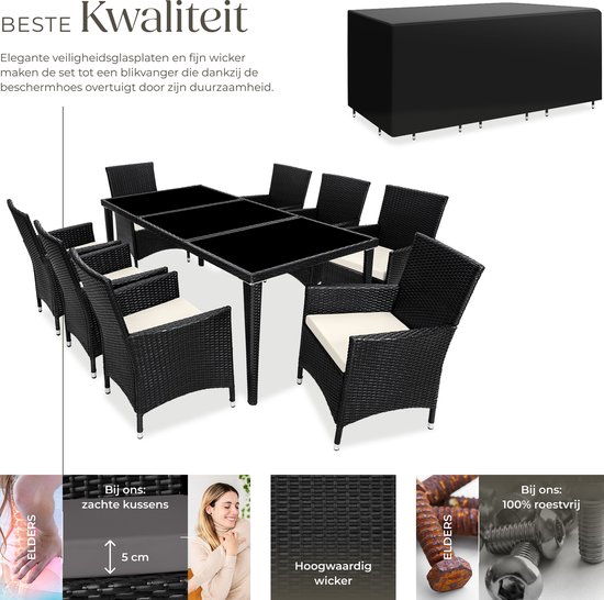tectake® Aluminium wicker Tuinmeubelset - 8 Stoelen met Tafel met Glazen Blad - Inclusief 2 Hoezensets en Beschermhoes - Weerbestendig Balkonmeubilair - Zwart