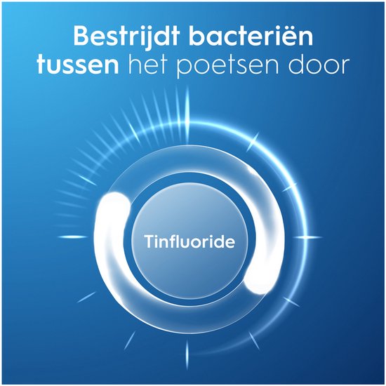Een glinsterende cirkel met het woord 'Tinformula' erin, omgeven door lichtstralen. Tekst: Bestrijdt bacteriën tussen het poetsen door.