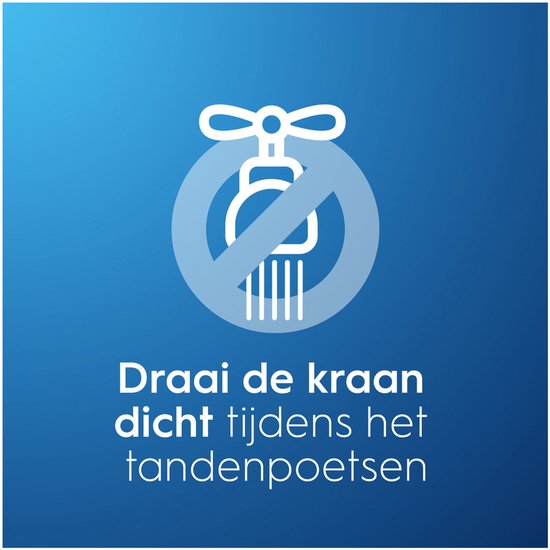 Een symbool van een doorgekruiste kraan, wat aangeeft water besparen. Tekst: Draai de kraan dicht tijdens het tandenpoetsen.