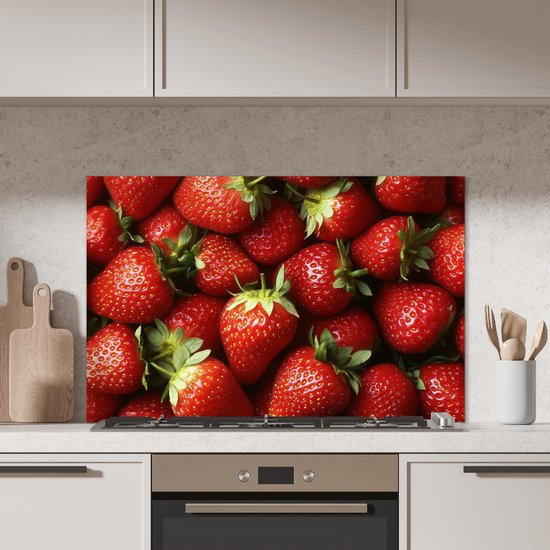Crédence de Cuisinière en Aluminium 100x65 cm - Fraise - Fruit - Rouge - Écran Pare-éclaboussures pour Plaque de Cuisson - Protection Murale