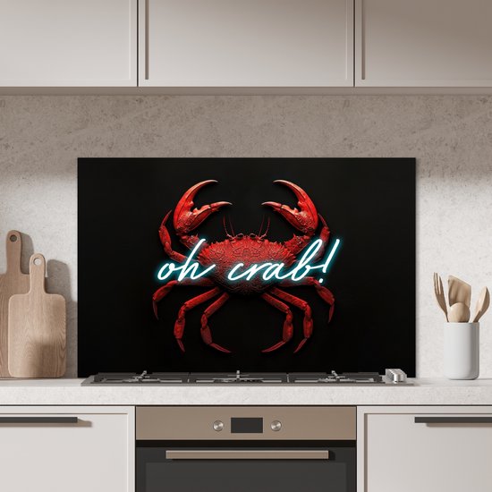Crédence de Cuisinière en Aluminium 100x65 cm - Crabe - Rouge - Néon - Citation - Écran Pare-éclaboussures pour Plaque de Cuisson - Protection Murale