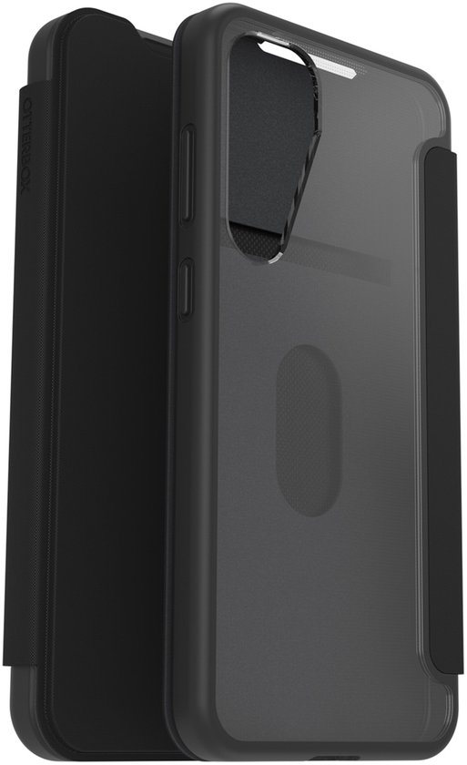Zwart OtterBox React Folio telefoonhoesje met pasjeshouder. Het hoesje heeft een flap aan de voorkant met de tekst 'OTTERBOX'.