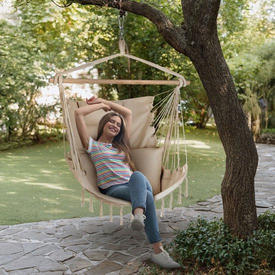 Outtec® Hangstoel met 3 Kussens - 100x130x75cm, tot 140 kg - Boho Fringed Fauteuil, Zitzak, Schommel - voor Buiten, Tuin, Balkon, Huis
